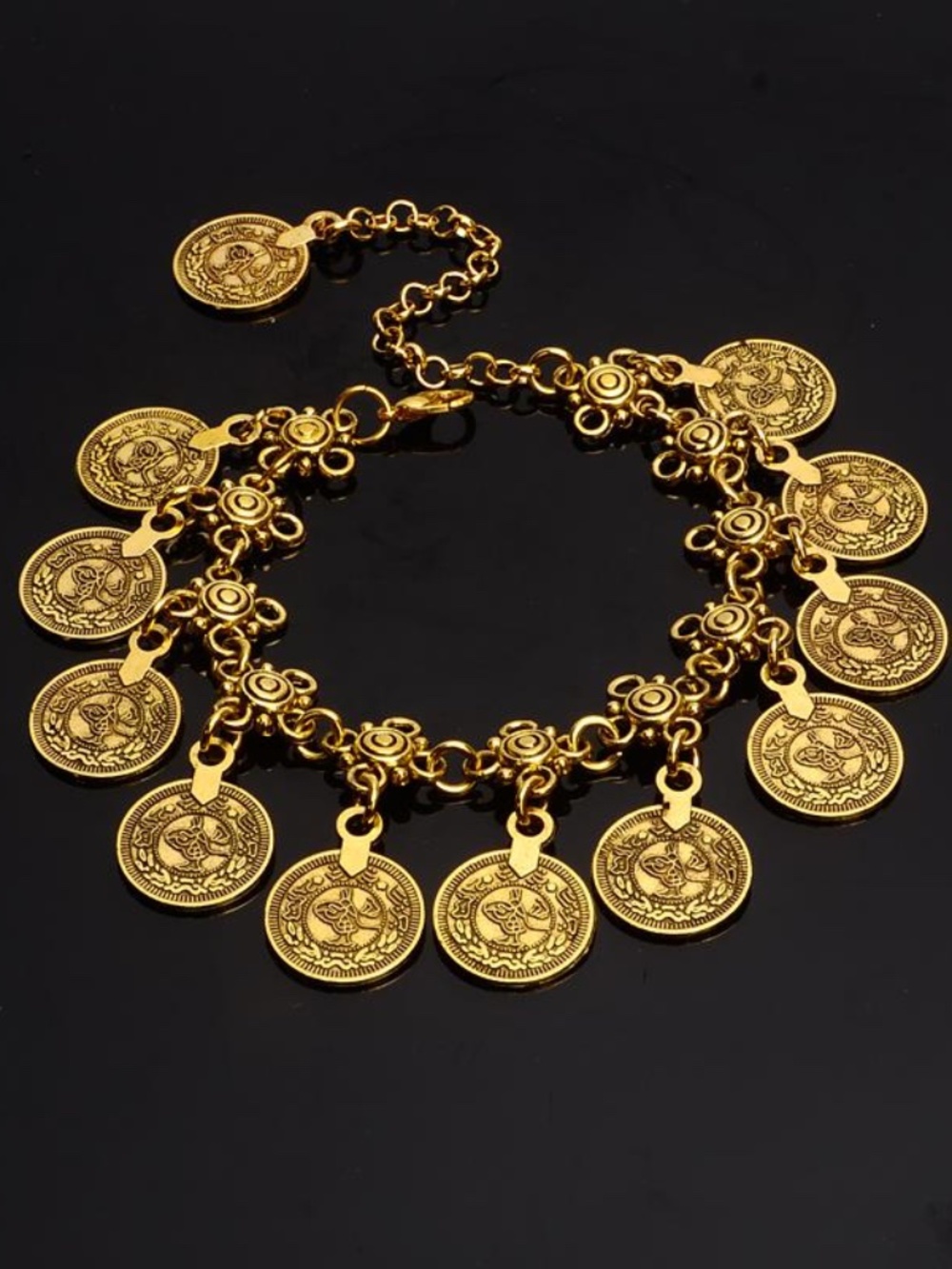 Antiqued Gold Tone Coin Ankle Bracelet Boho Style